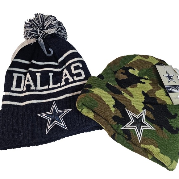 Other - Lot of 2 Dallas Cowboys Hats‎ Knit Team Cuffed Beanie Cap Camo Pom